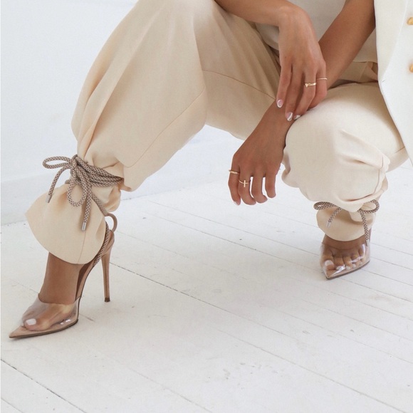 Steve Madden Beige Lace Up Clear Pointed Toe Heels - Picture 2 of 6